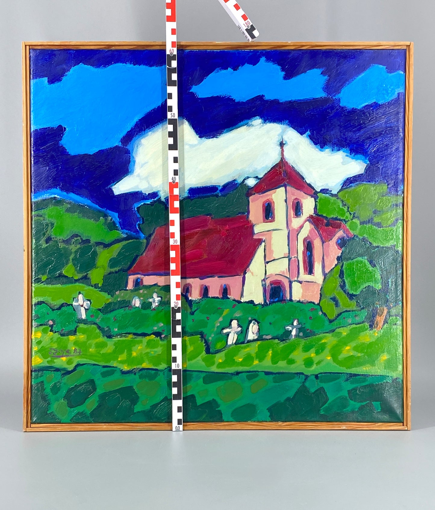 Expressives und farbenfrohes Acrylgemälde "Kirche (Weserbergland)" von Dieter Tyspe (1937–1994), 1987