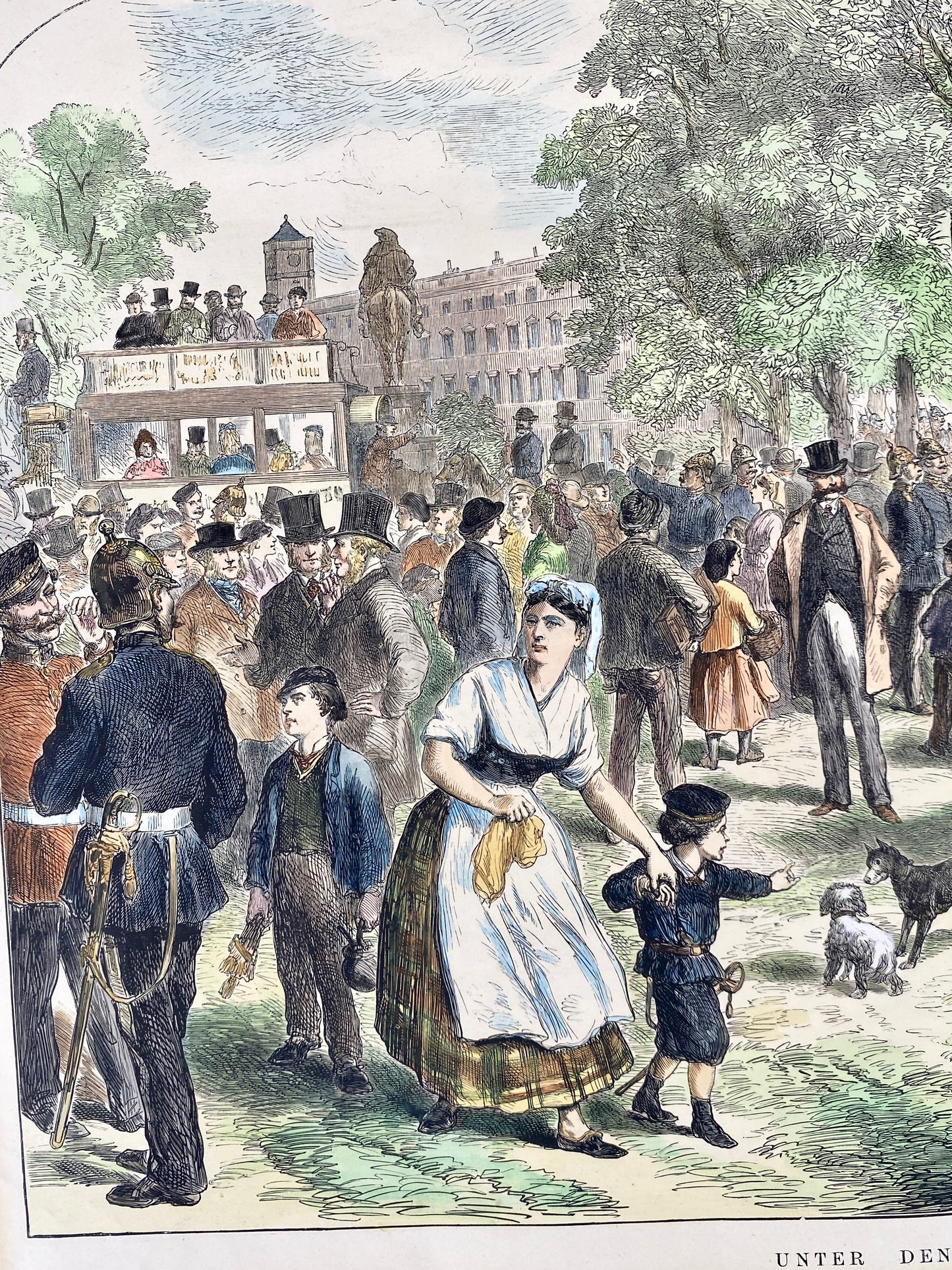 Berlin, Unter den Linden. Kolorierter Holzschnitt aus The Illustrated London, 1873
