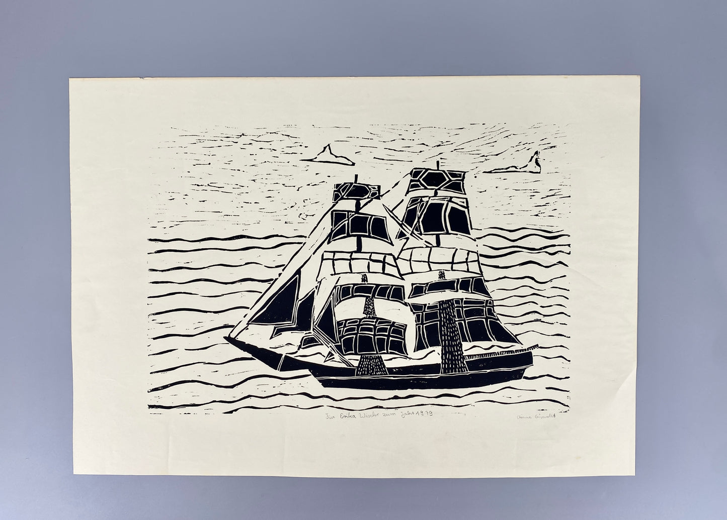 Segelschiff, illustrativer Linolschnitt