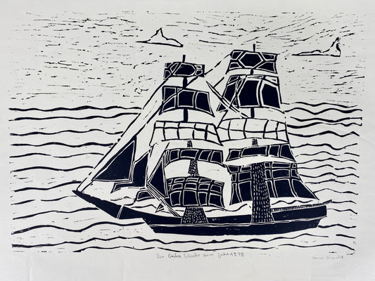 Segelschiff, illustrativer Linolschnitt