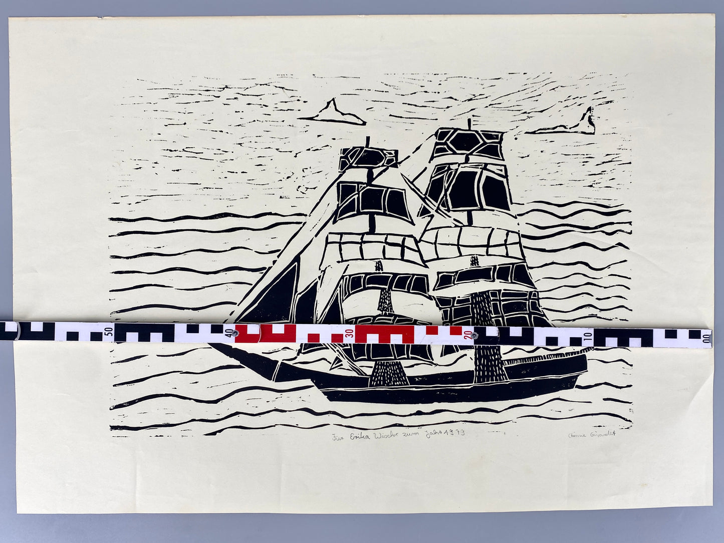 Segelschiff, illustrativer Linolschnitt