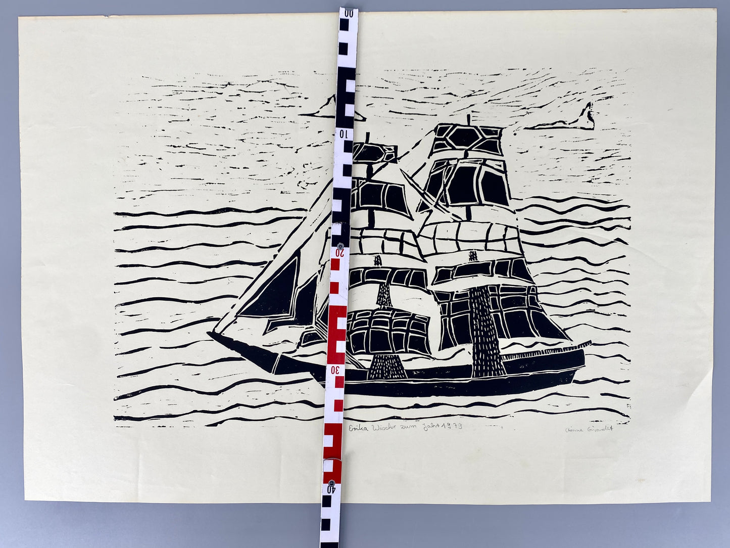 Segelschiff, illustrativer Linolschnitt