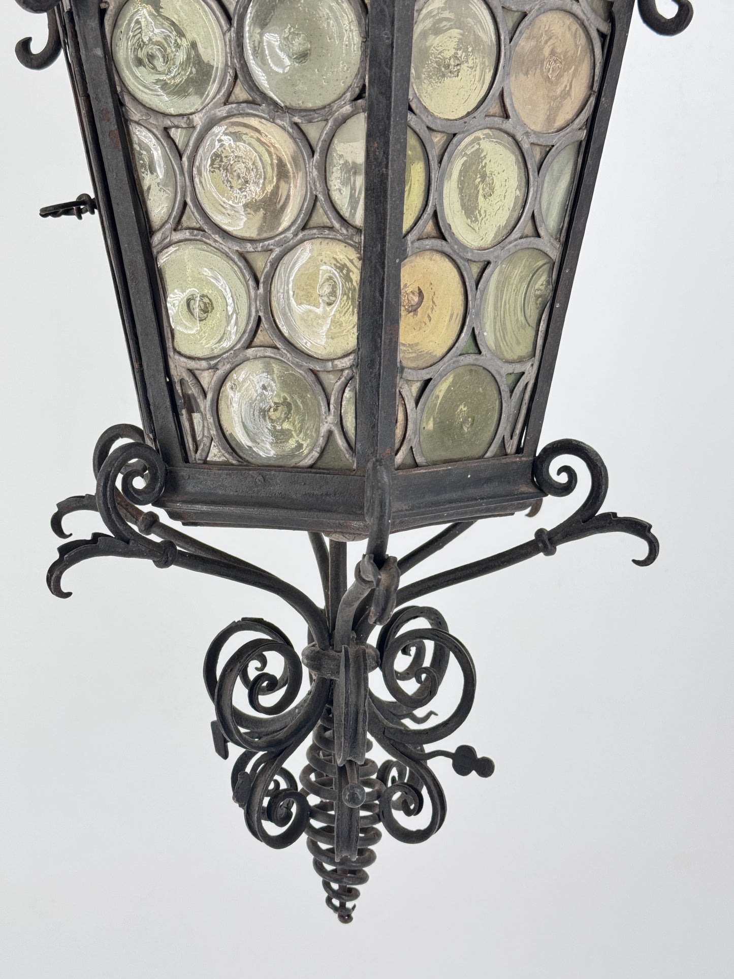 ANTIKE SCHMIEDEEISERNE LATERNE BUNTGLAS 19. JH. NEUGOTIK VINTAGE