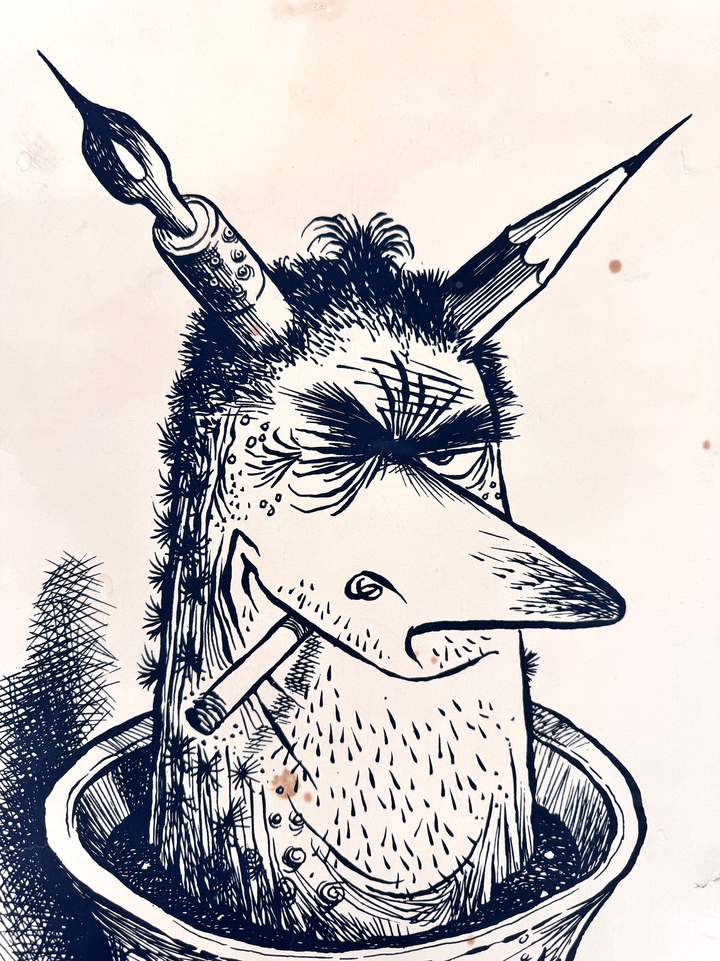 Der Comic-Zeichner als Teufel und Kaktus. Druckgrafik von Wiggsiegl