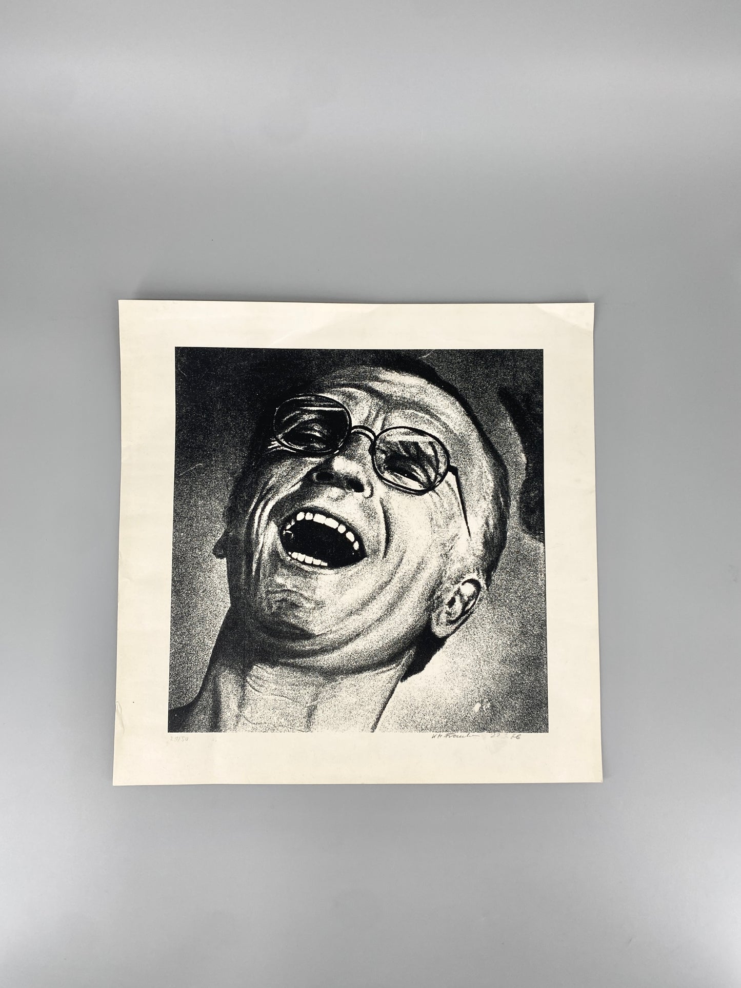 Selbstportait, lachend. Litographie von Karl-Heinz Franke