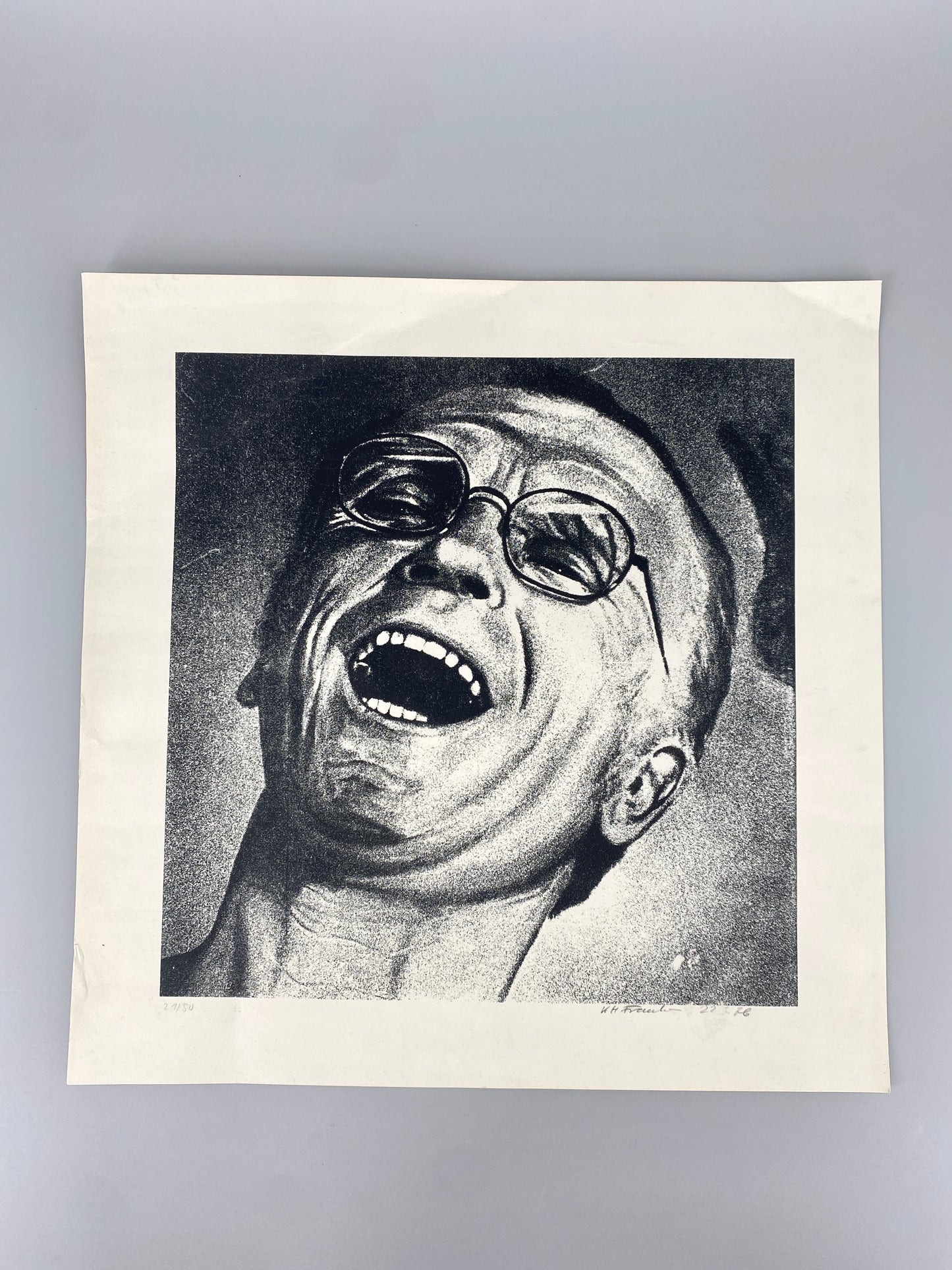 Selbstportait, lachend. Litographie von Karl-Heinz Franke