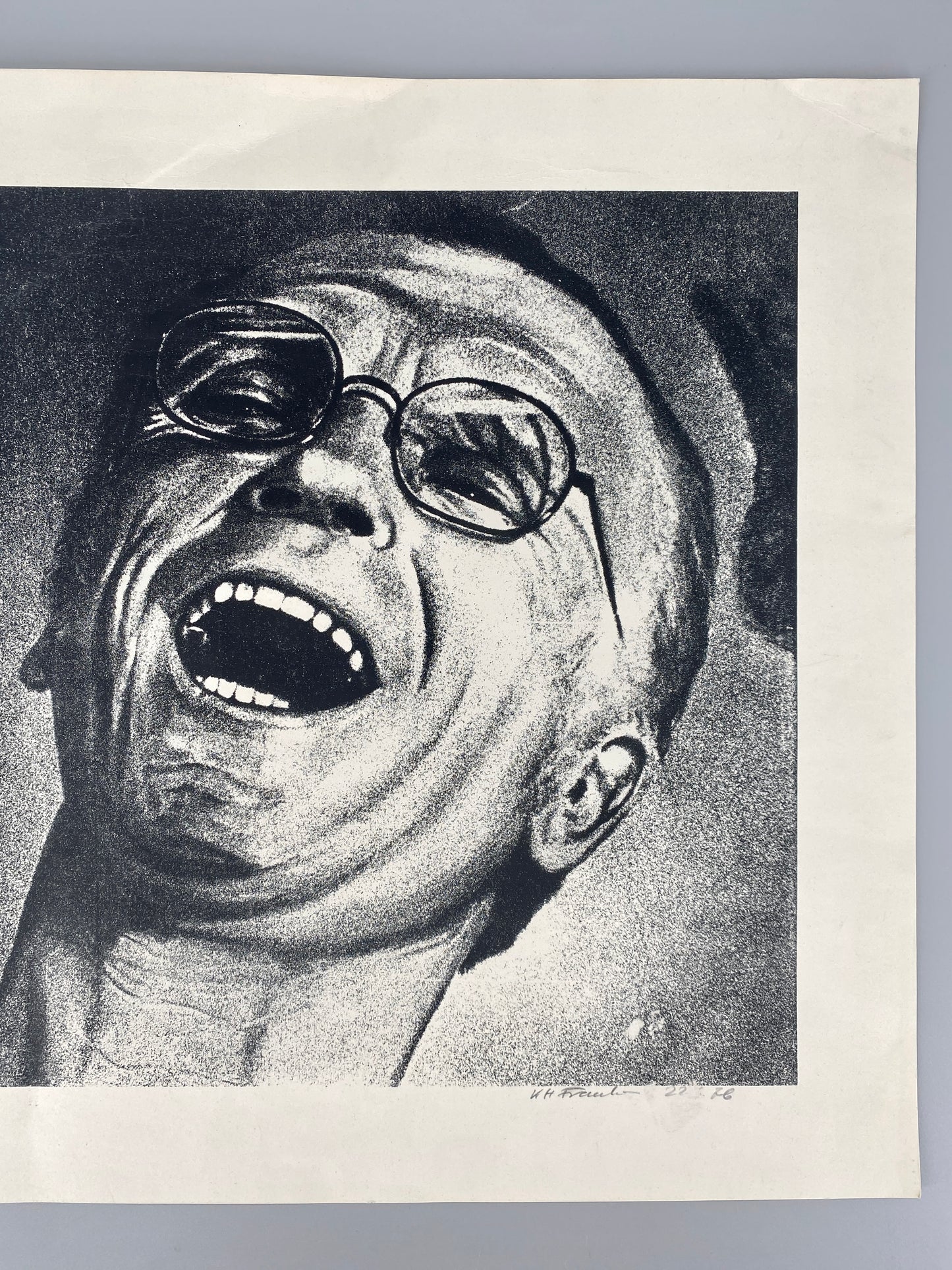 Selbstportait, lachend. Litographie von Karl-Heinz Franke