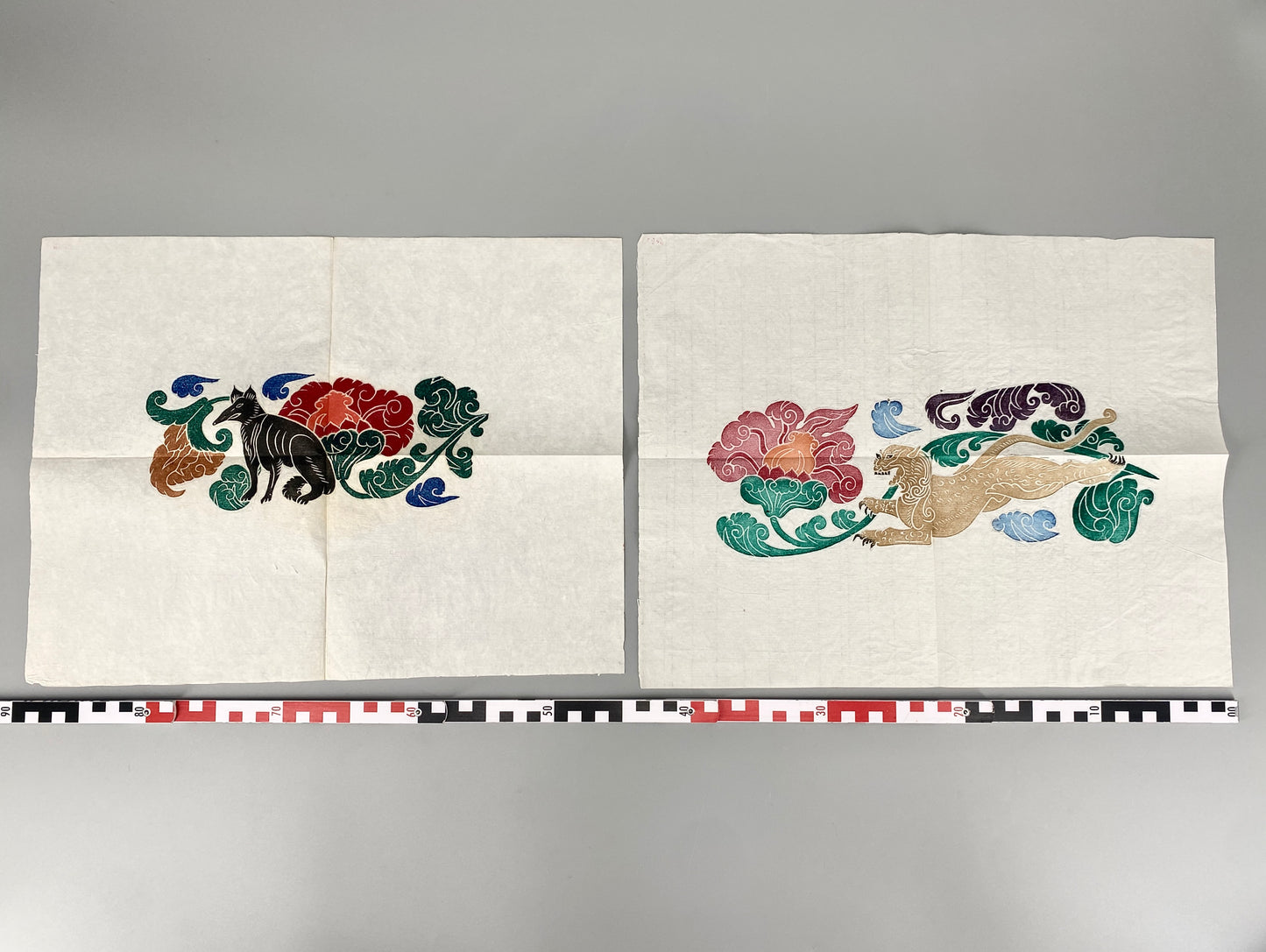 2x Japanischer Farbholzschnitt, Fuchs/Kitsune und Tiger