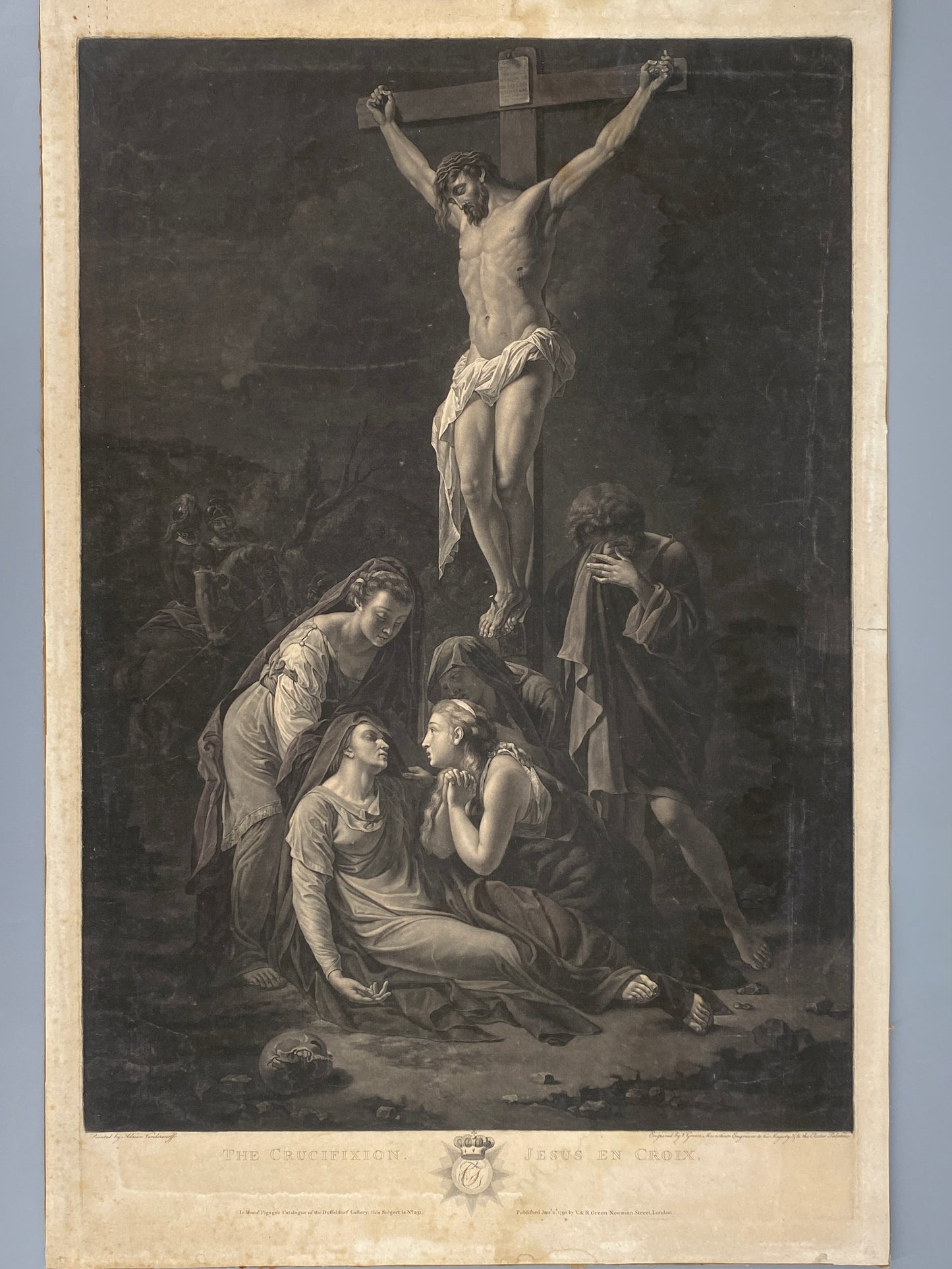 Antikes Mezzotinto "Christus am Kreuz" nach Adriaen van der Werff von Valentine Green (Stecher), London 1792