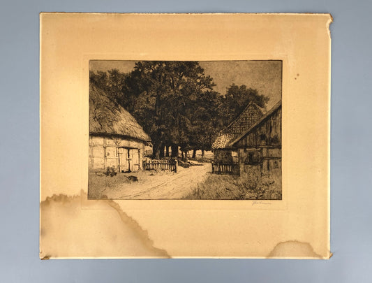Handsignierte Radierung "Genreszene mit Landhaus / Bauernhof" von Anna Feldhusen (1867–1951)