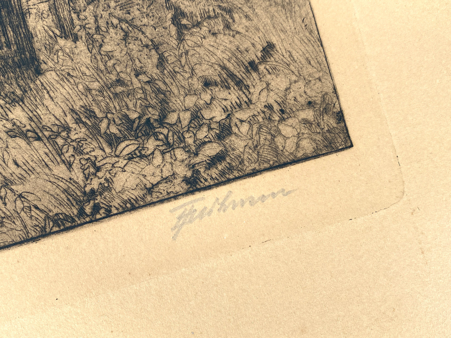 Handsignierte Radierung "Genreszene mit Landhaus / Bauernhof" von Anna Feldhusen (1867–1951)