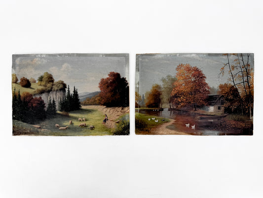 2x Ölgemälde, Idylle Ungarb. Haus am Teich, Hirtin zwischen Felsen