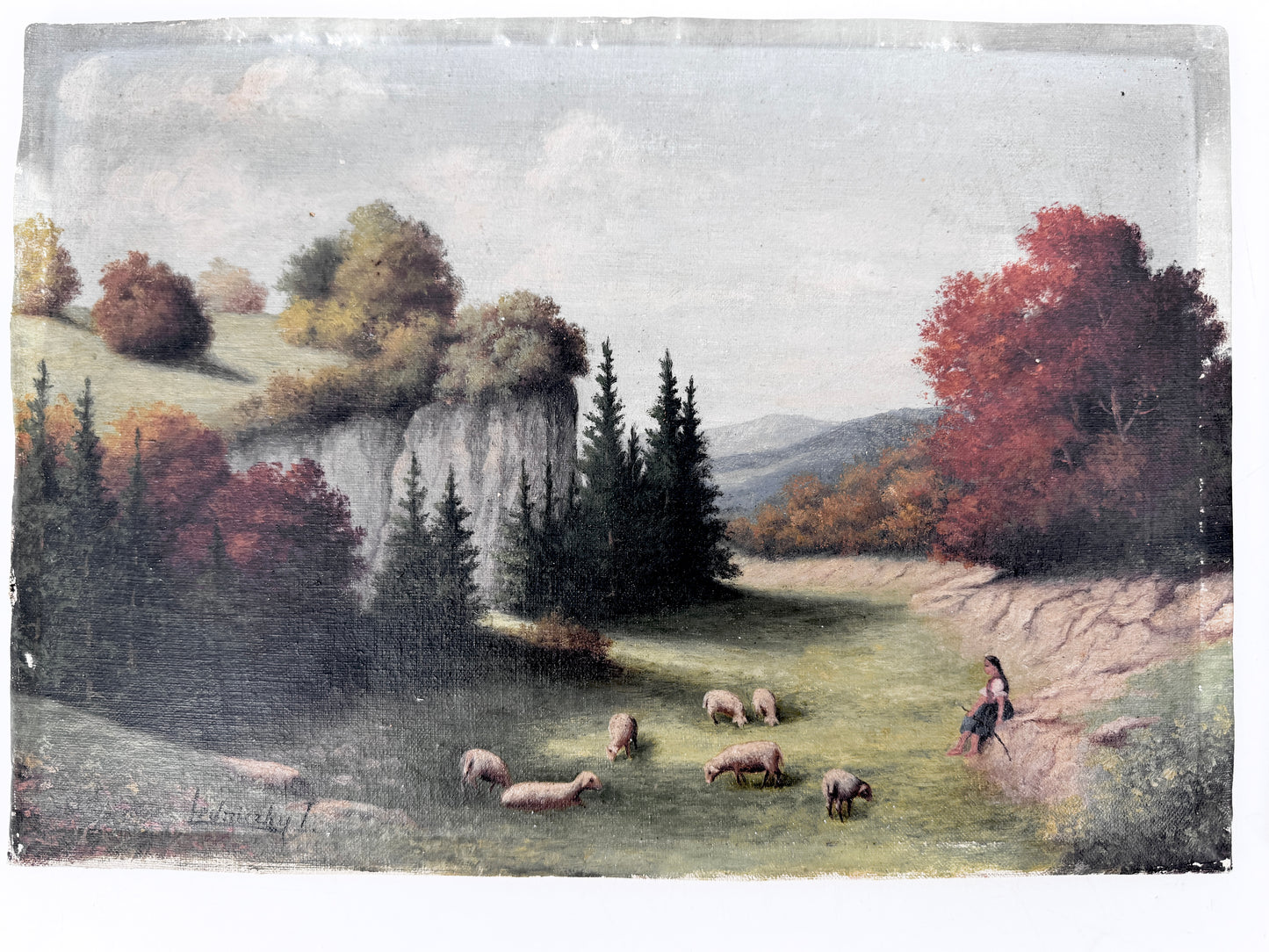 2x Ölgemälde, Idylle Ungarb. Haus am Teich, Hirtin zwischen Felsen