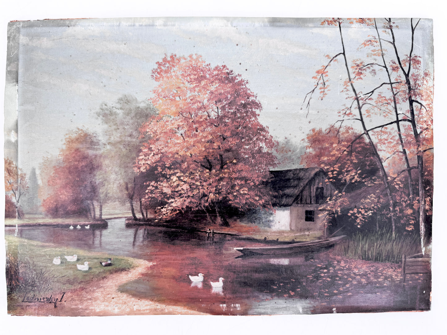 2x Ölgemälde, Idylle Ungarb. Haus am Teich, Hirtin zwischen Felsen