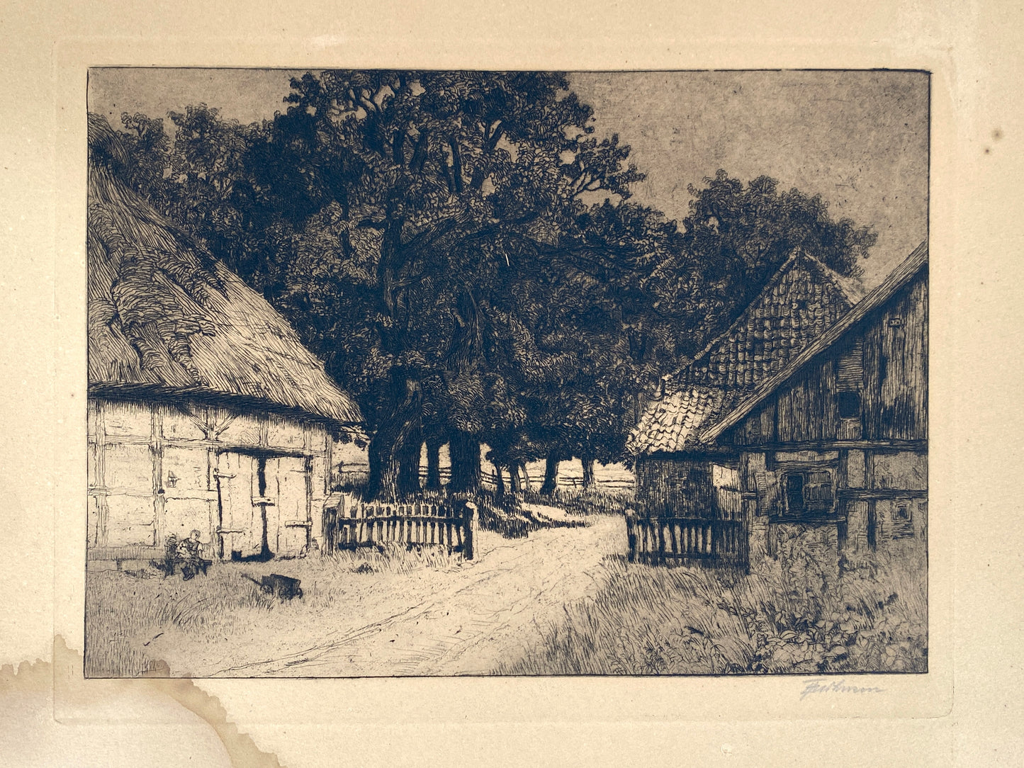 Handsignierte Radierung "Genreszene mit Landhaus / Bauernhof" von Anna Feldhusen (1867–1951)