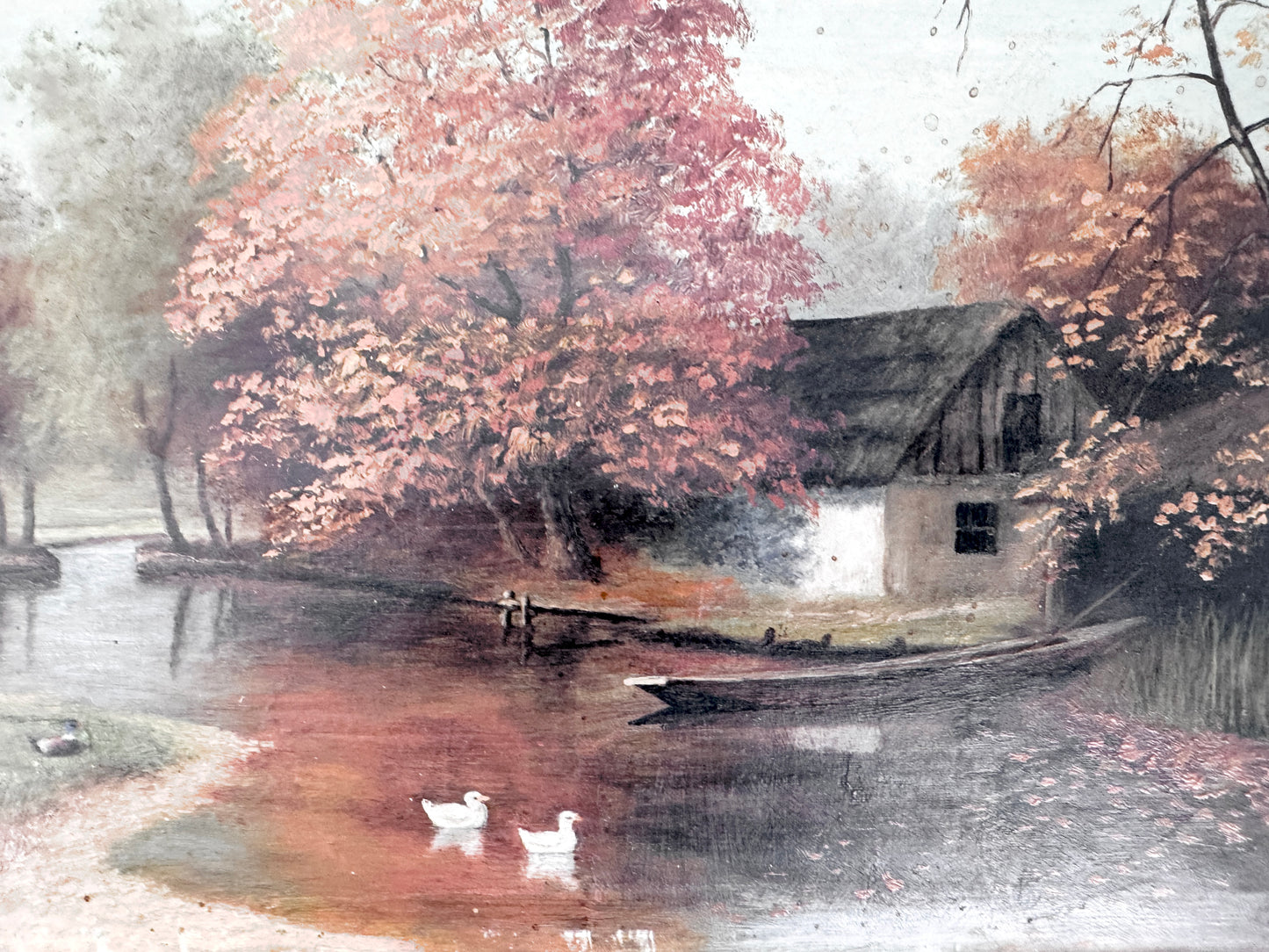 2x Ölgemälde, Idylle Ungarb. Haus am Teich, Hirtin zwischen Felsen