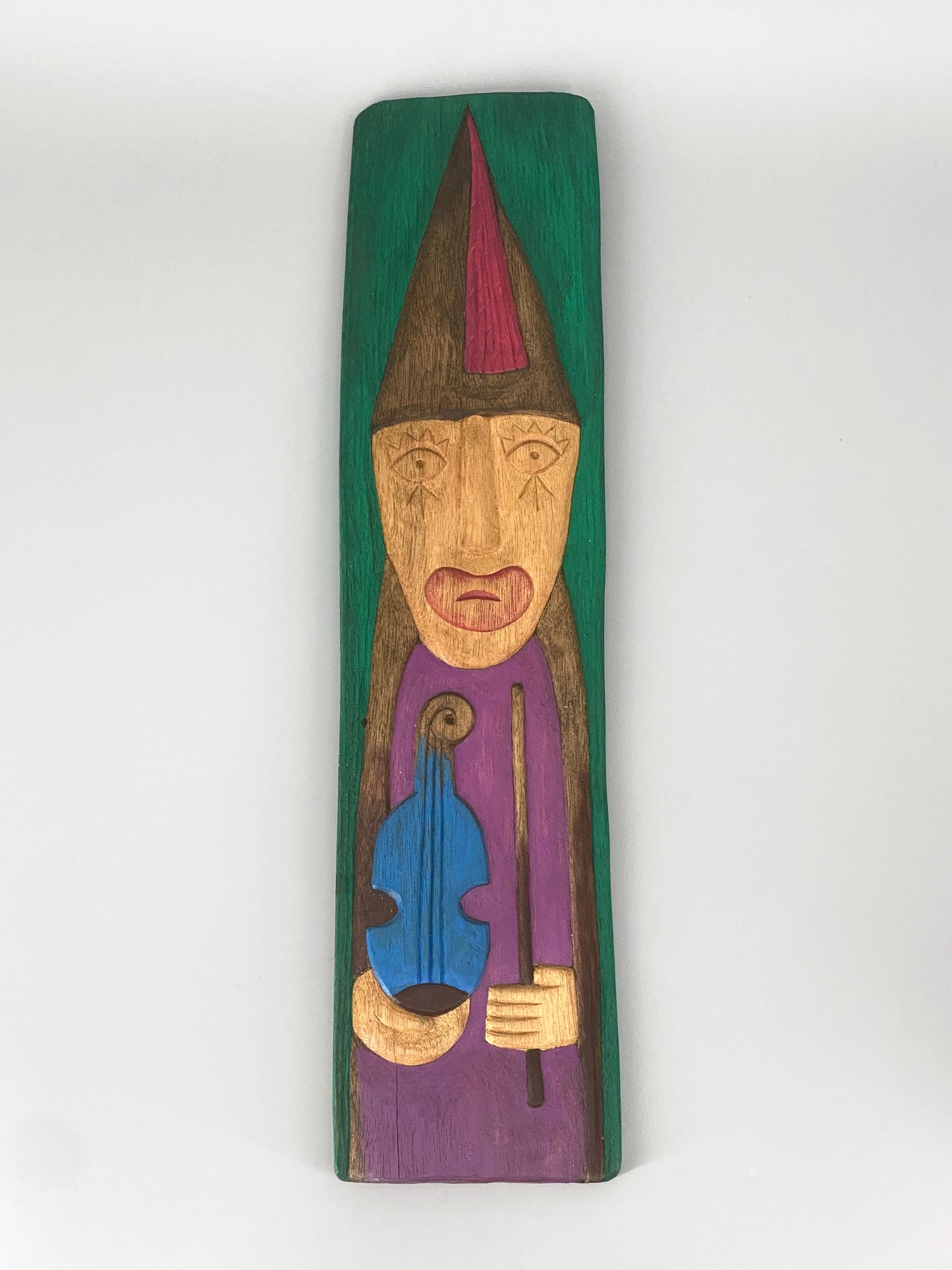 Holzskulptur "Geiger mit blauer Violine" von Henryk Zegadlo, Polen, um 1980er