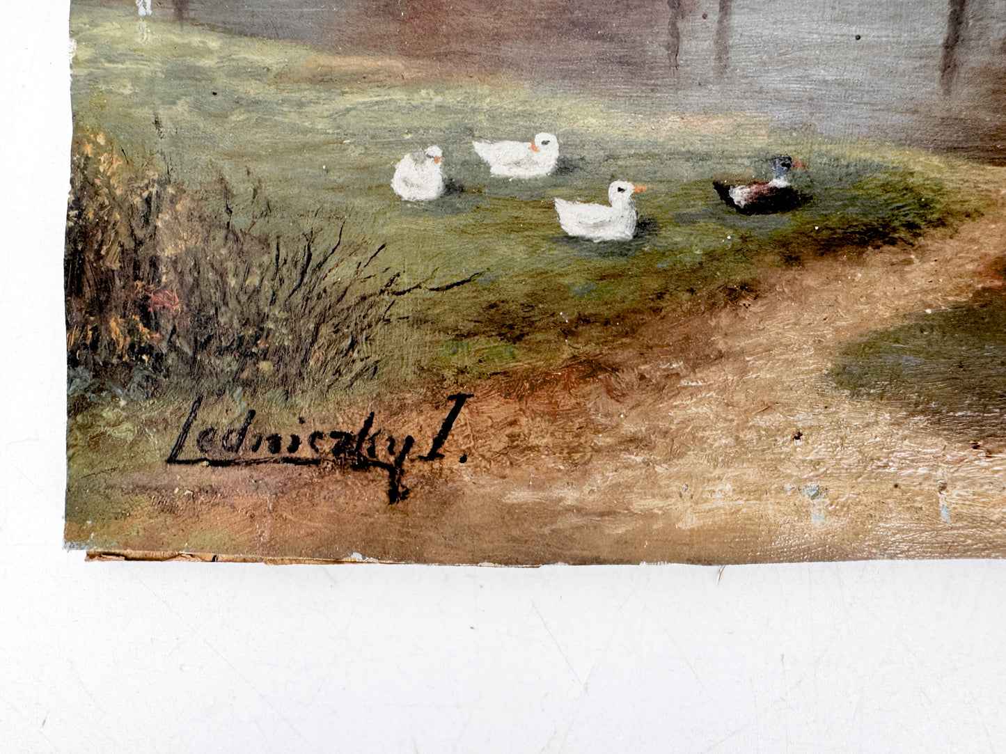 2x Ölgemälde, Idylle Ungarb. Haus am Teich, Hirtin zwischen Felsen