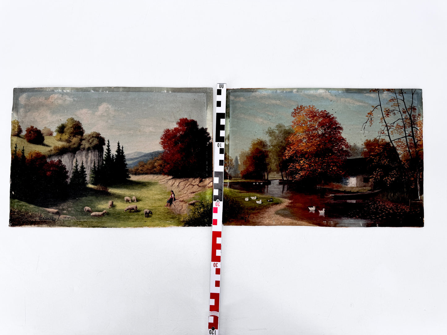 2x Ölgemälde, Idylle Ungarb. Haus am Teich, Hirtin zwischen Felsen