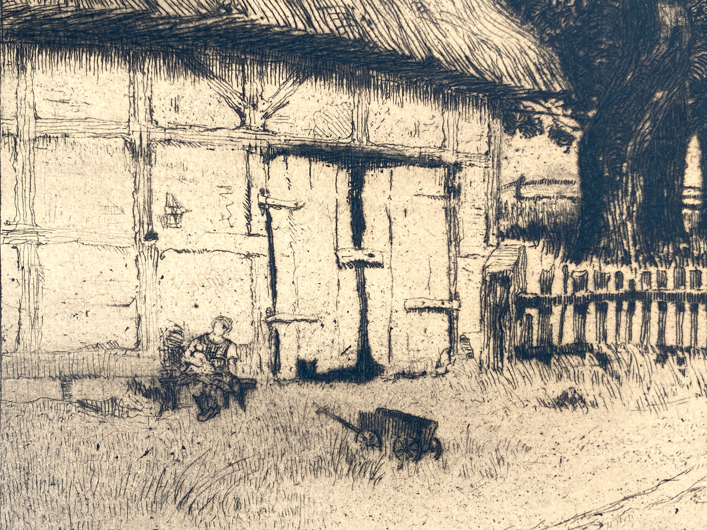 Handsignierte Radierung "Genreszene mit Landhaus / Bauernhof" von Anna Feldhusen (1867–1951)