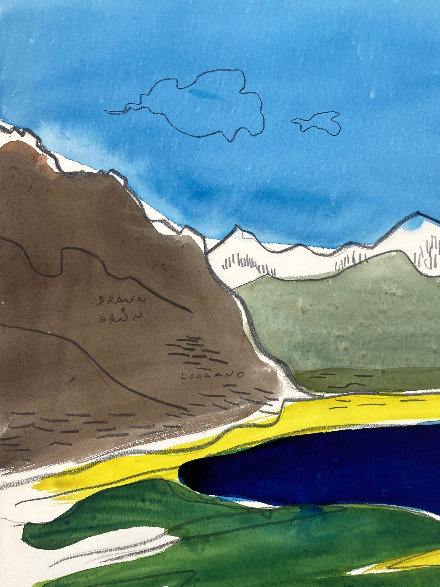 Gouache-Gemälde "Blick von Ascona nach Locarno..." von Heinz Schmidt-Berg (1911–1993), 1962