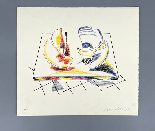Handsignierte und datierte Farblithografie "Tassen-Objekt" von Willy Meyer-Osburg (1934–2005), 1976
