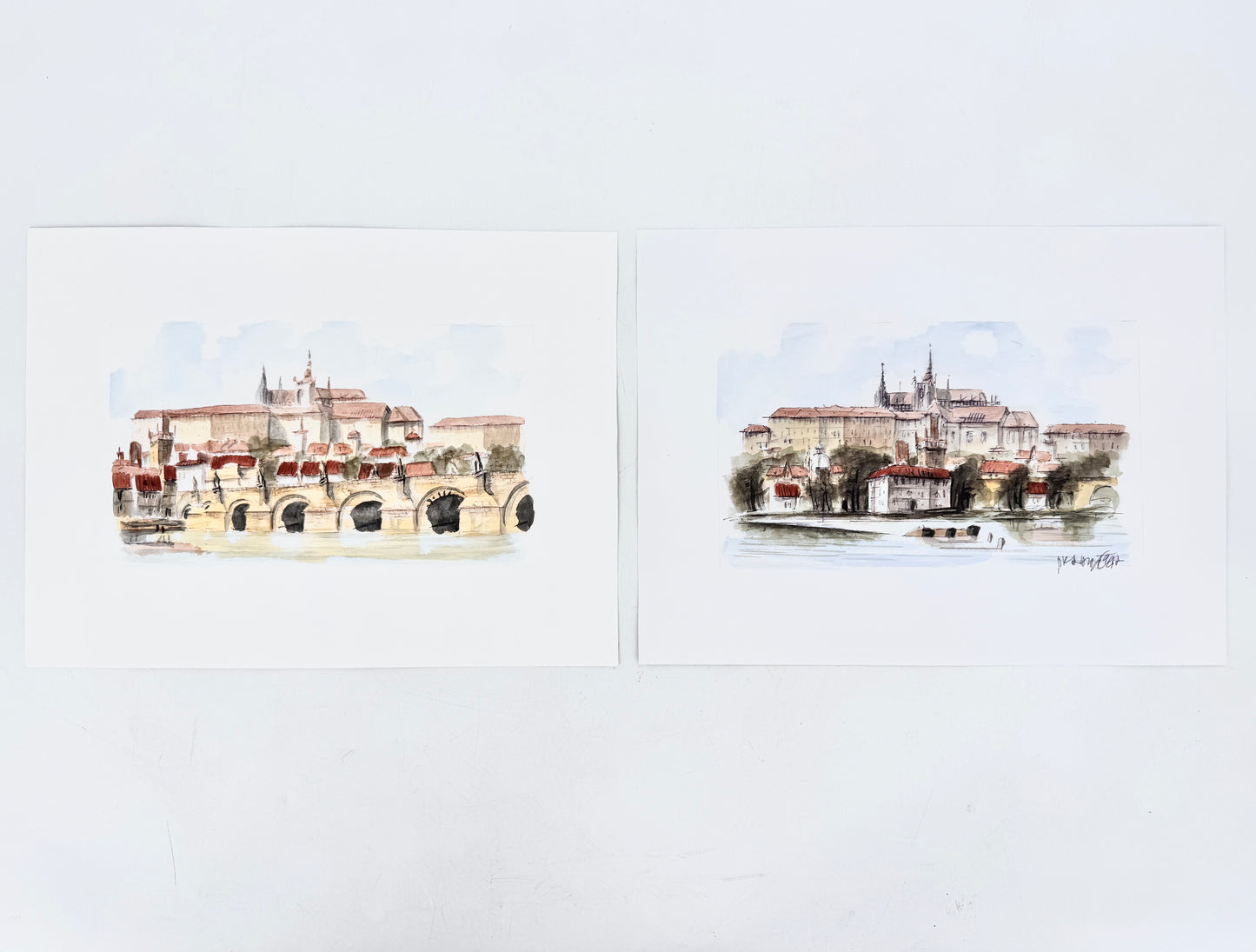 2x Aquarell Prager Burg und Moldau.