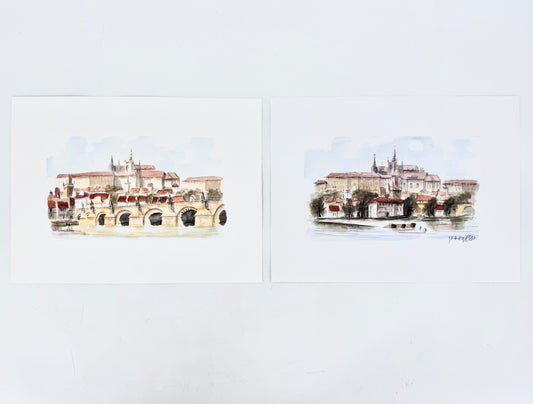 2x Aquarell Prager Burg und Moldau.