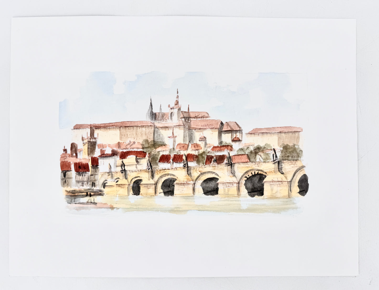 2x Aquarell Prager Burg und Moldau.