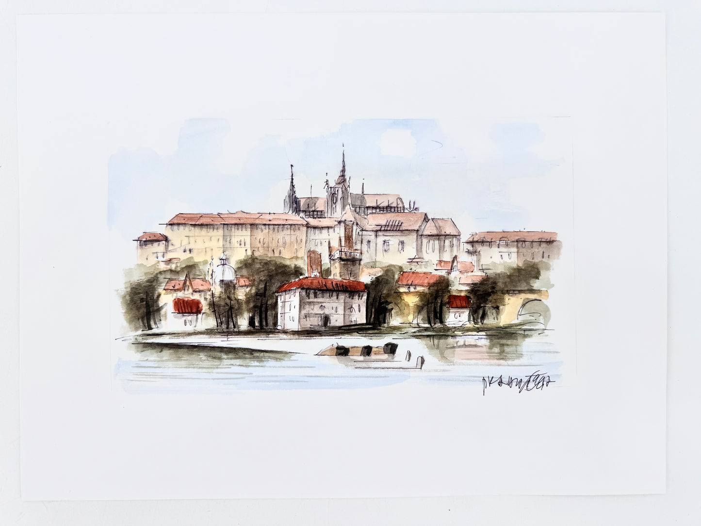 2x Aquarell Prager Burg und Moldau.