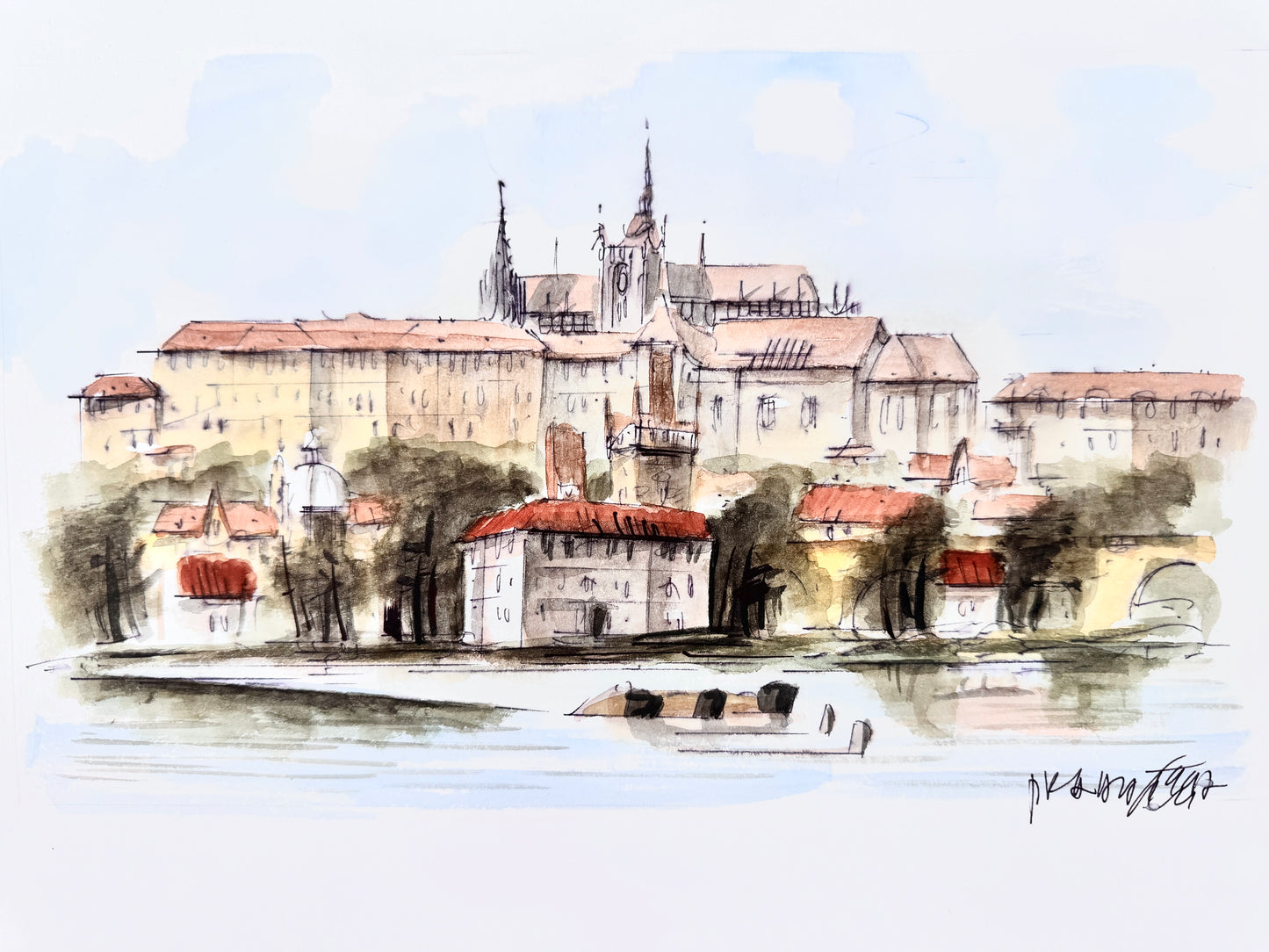 2x Aquarell Prager Burg und Moldau.