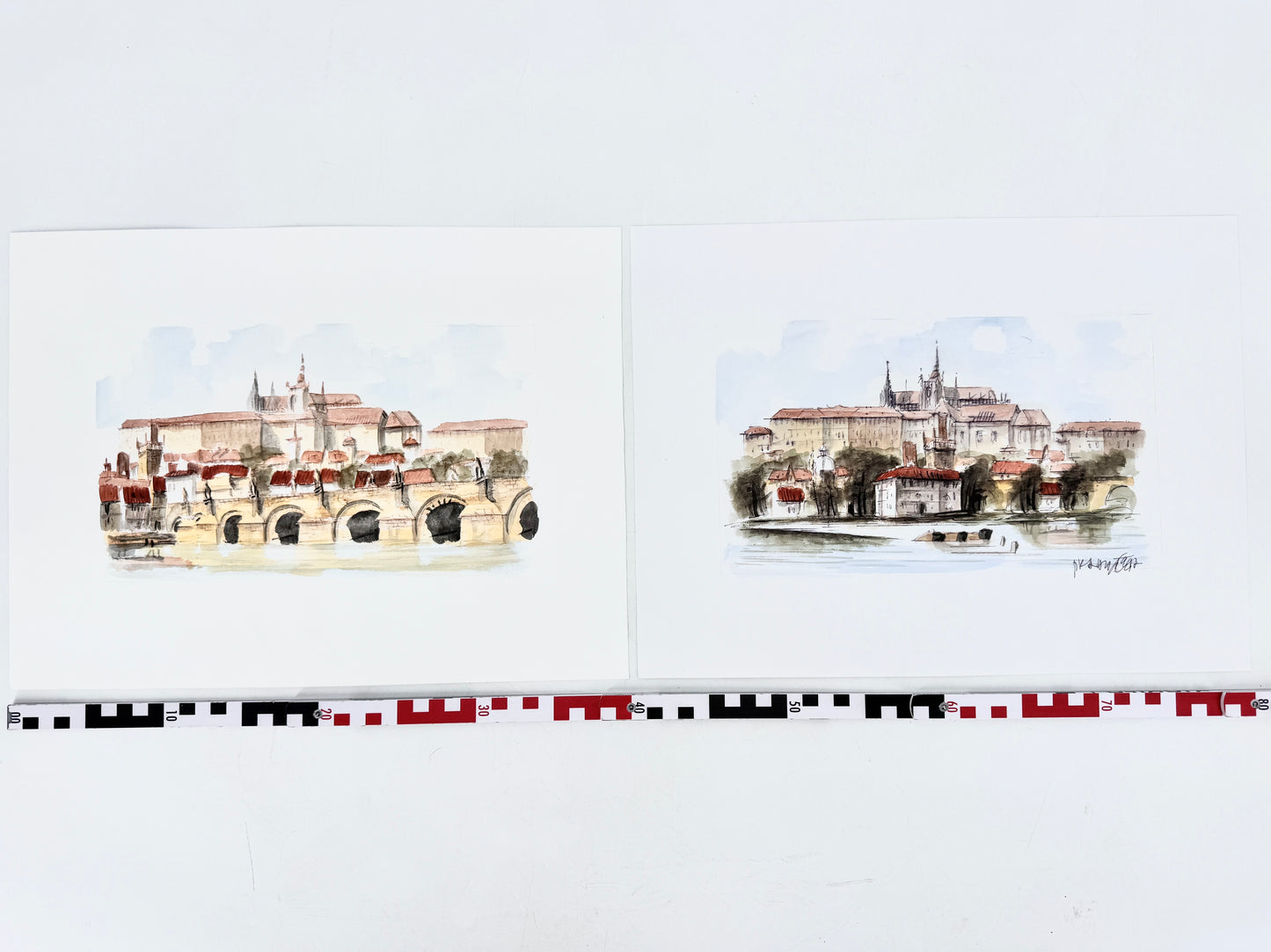 2x Aquarell Prager Burg und Moldau.