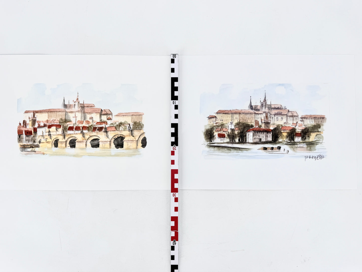 2x Aquarell Prager Burg und Moldau.
