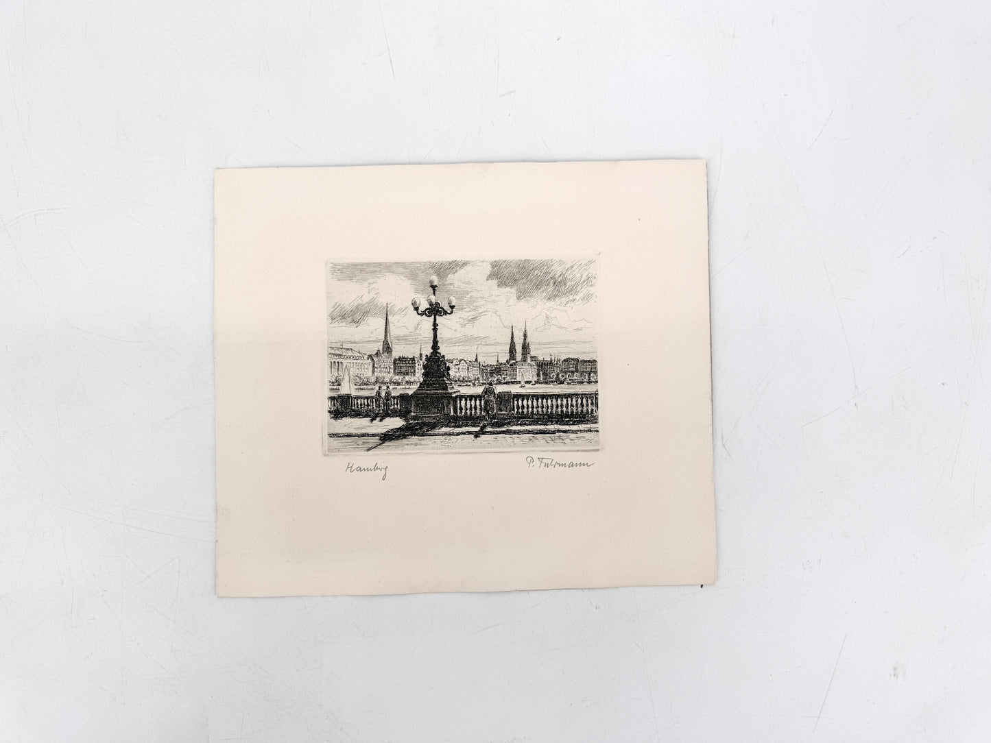 Radierung Hamburg - Blick von der Lombardsbrücke auf St. Nikolai, St. Petri, Hamburger Rathaus.