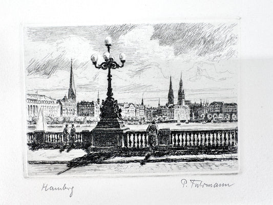 Radierung Hamburg - Blick von der Lombardsbrücke auf St. Nikolai, St. Petri, Hamburger Rathaus.