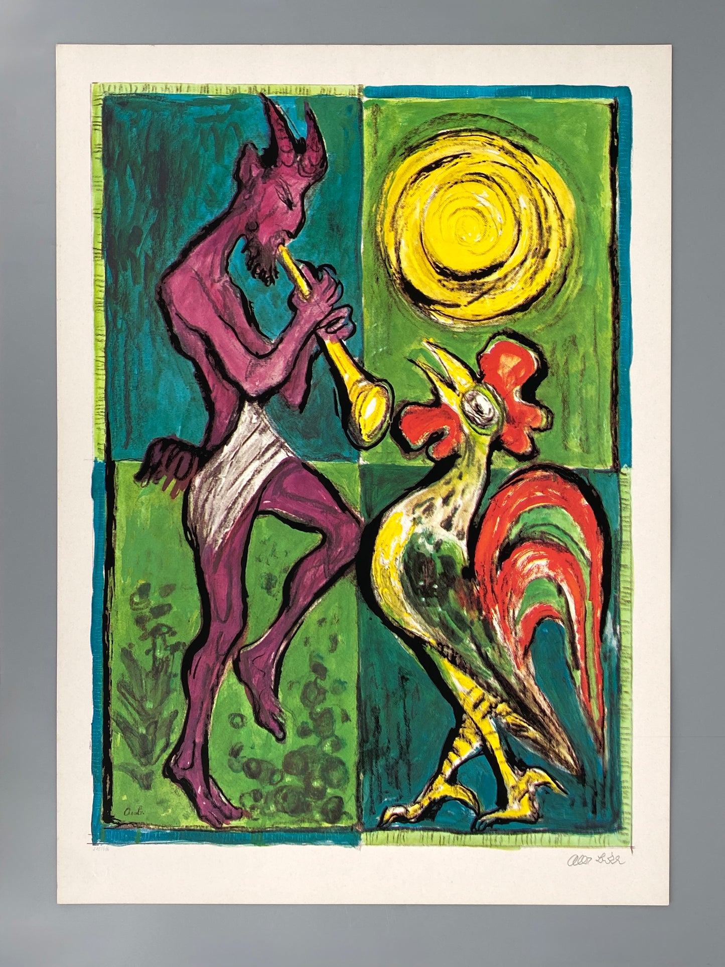 Sieb- und Offsetdruck „Faun mit Hahn“ von Albert Birkle (1900–1986) mit Zertifikat, handsigniert und nummeriert