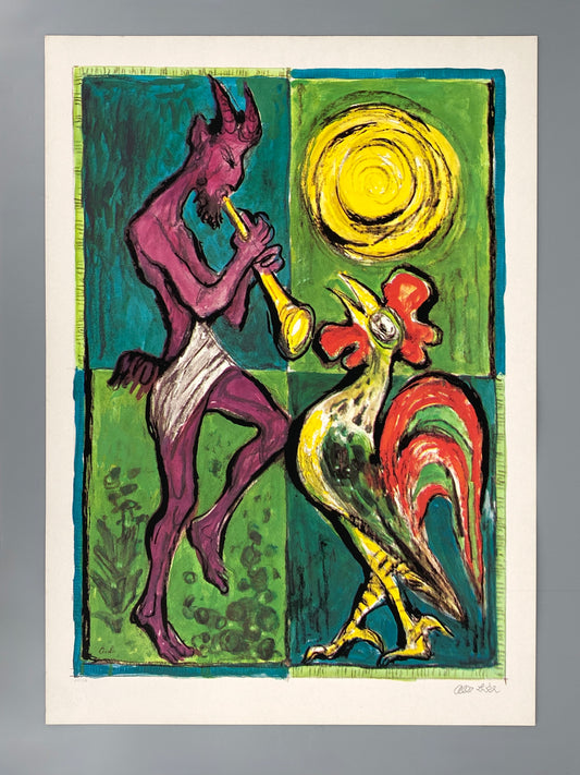 Sieb- und Offsetdruck „Faun mit Hahn“ von Albert Birkle (1900–1986) mit Zertifikat, handsigniert und nummeriert