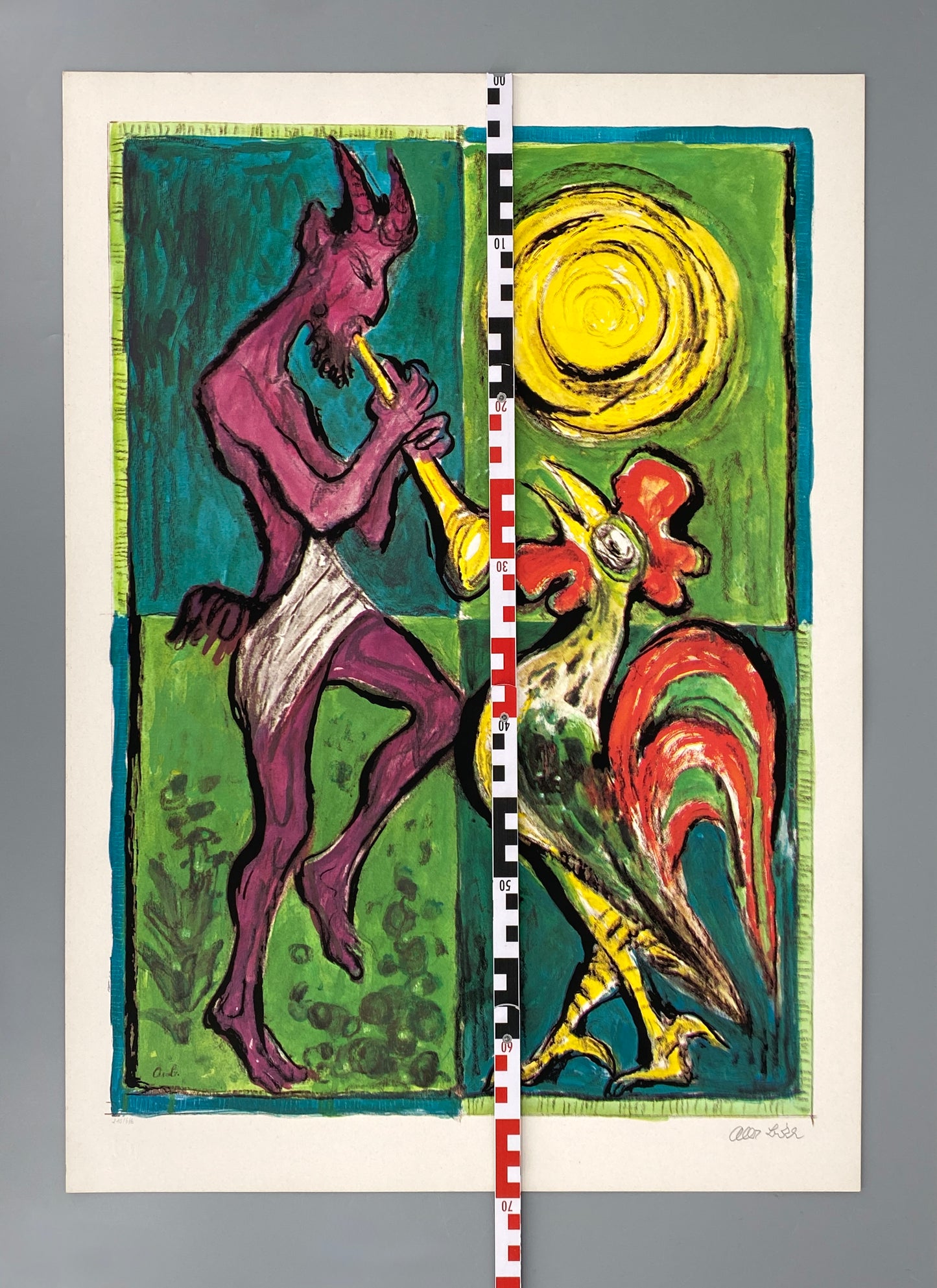 Sieb- und Offsetdruck „Faun mit Hahn“ von Albert Birkle (1900–1986) mit Zertifikat, handsigniert und nummeriert