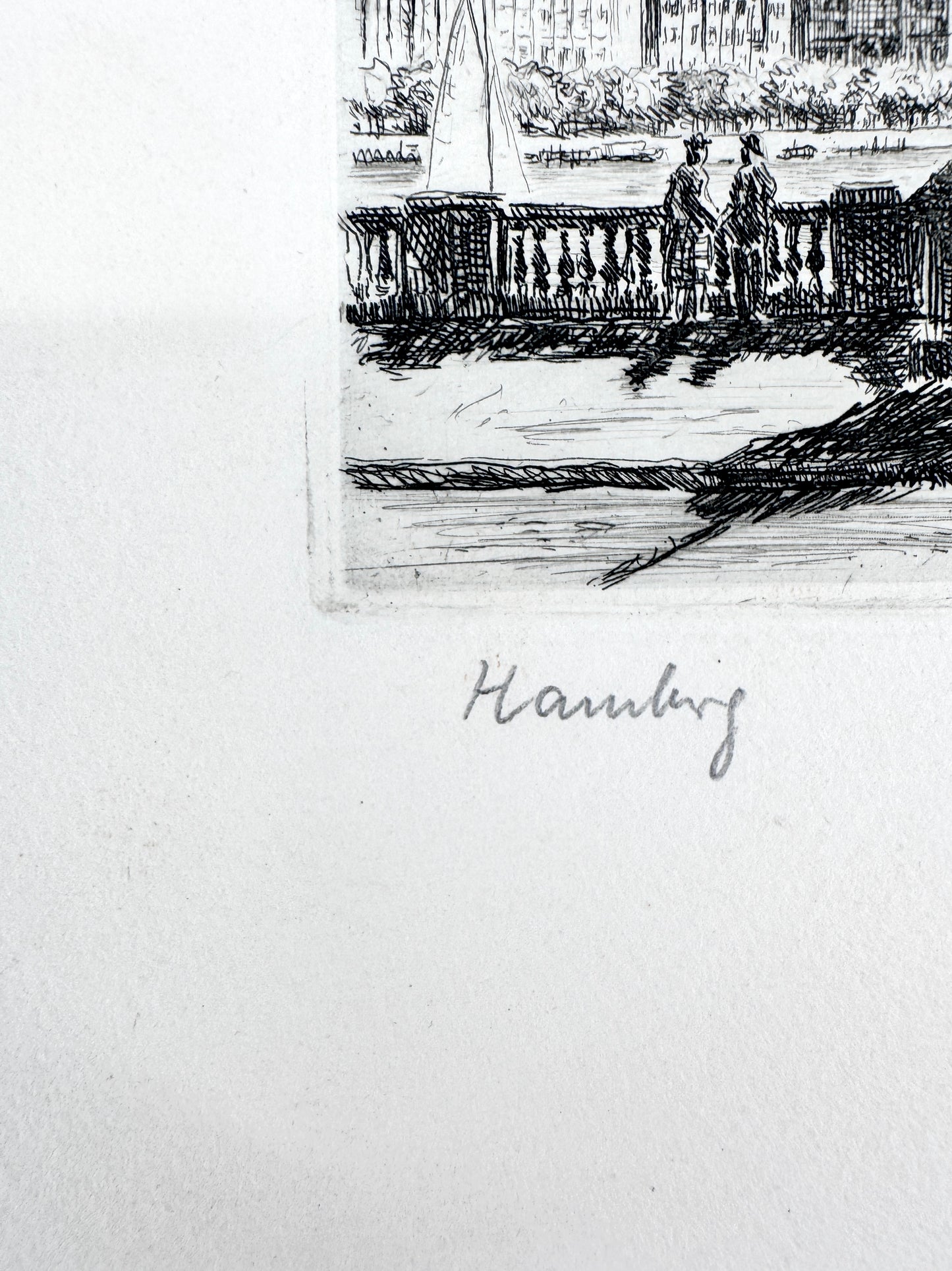 Radierung Hamburg - Blick von der Lombardsbrücke auf St. Nikolai, St. Petri, Hamburger Rathaus.