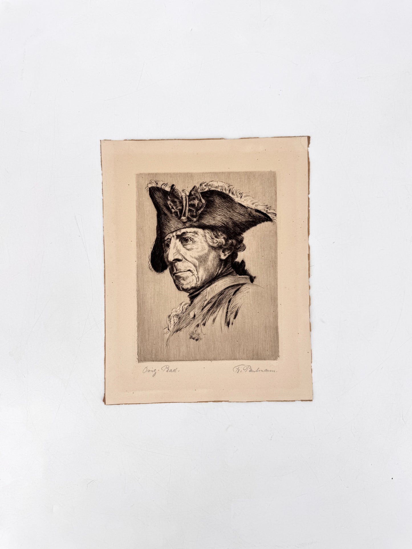 Radierung, Friedrich II von Preussen, der alte Fritz. Von Alfred Paulmann