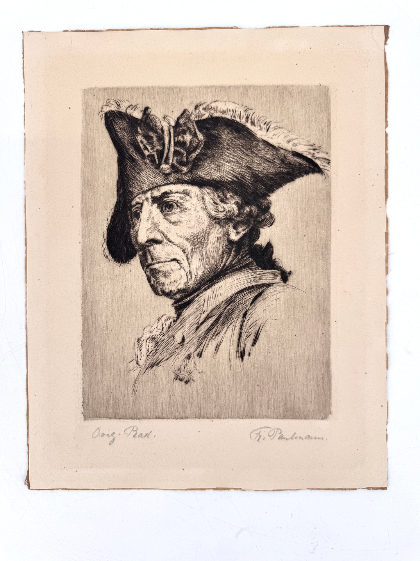 Radierung, Friedrich II von Preussen, der alte Fritz. Von Alfred Paulmann