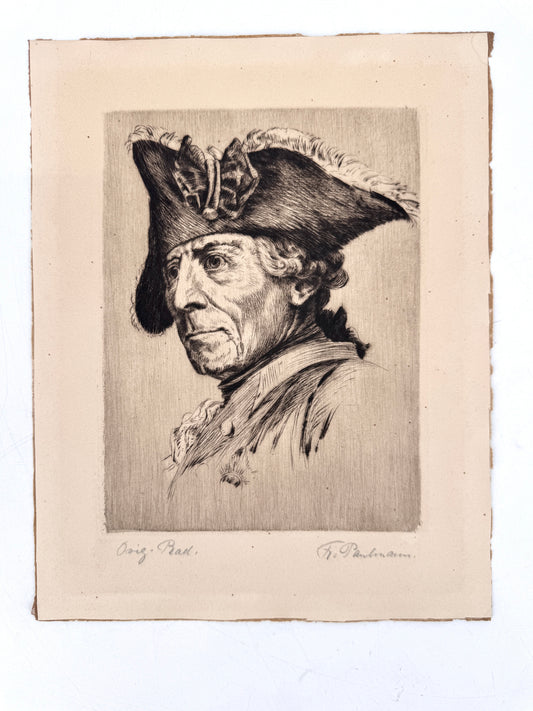 Radierung, Friedrich II von Preussen, der alte Fritz. Von Alfred Paulmann