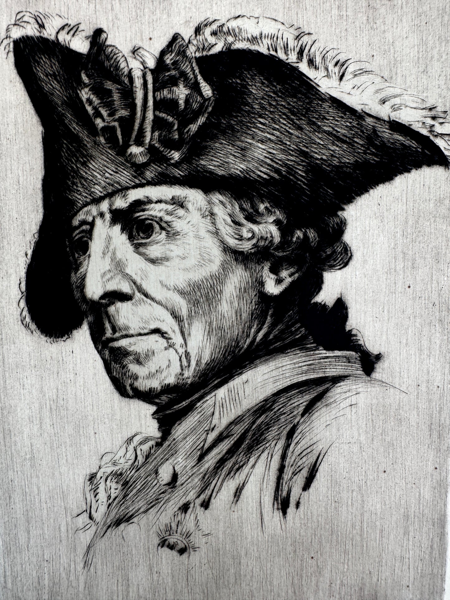 Radierung, Friedrich II von Preussen, der alte Fritz. Von Alfred Paulmann