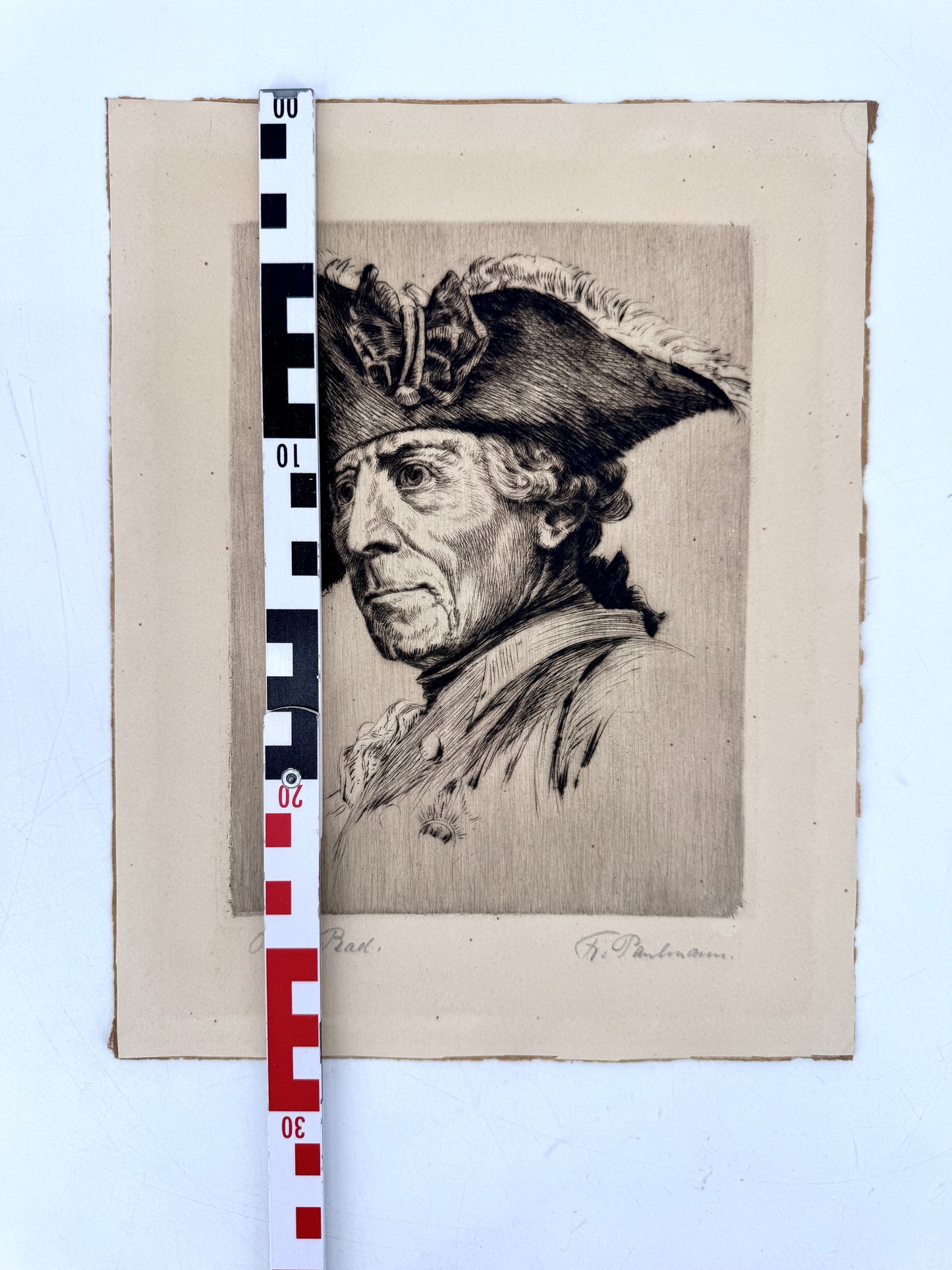 Radierung, Friedrich II von Preussen, der alte Fritz. Von Alfred Paulmann