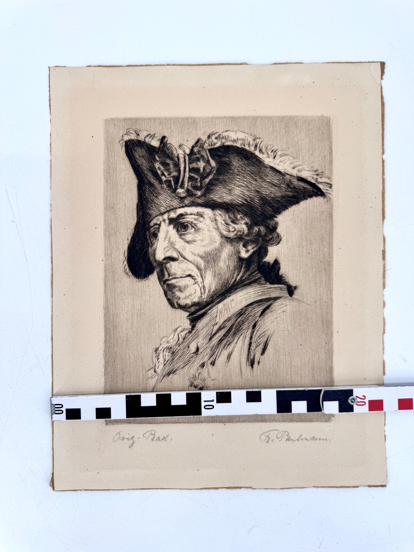 Radierung, Friedrich II von Preussen, der alte Fritz. Von Alfred Paulmann