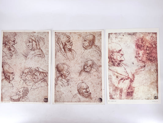 3x Grafik Leonardo Da Vinci, Teste Grotesche, Duo Teste. Editiono D'Arte Nova Lux