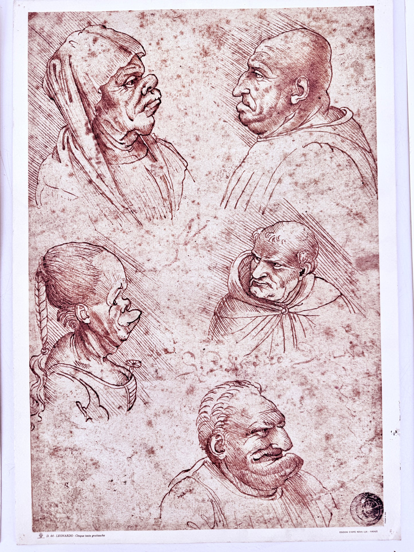 3x Grafik Leonardo Da Vinci, Teste Grotesche, Duo Teste. Editiono D'Arte Nova Lux