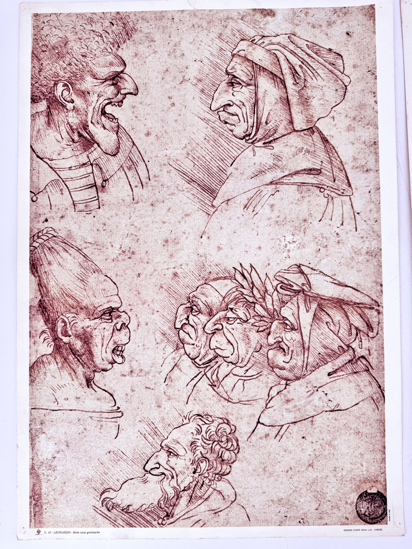 3x Grafik Leonardo Da Vinci, Teste Grotesche, Duo Teste. Editiono D'Arte Nova Lux