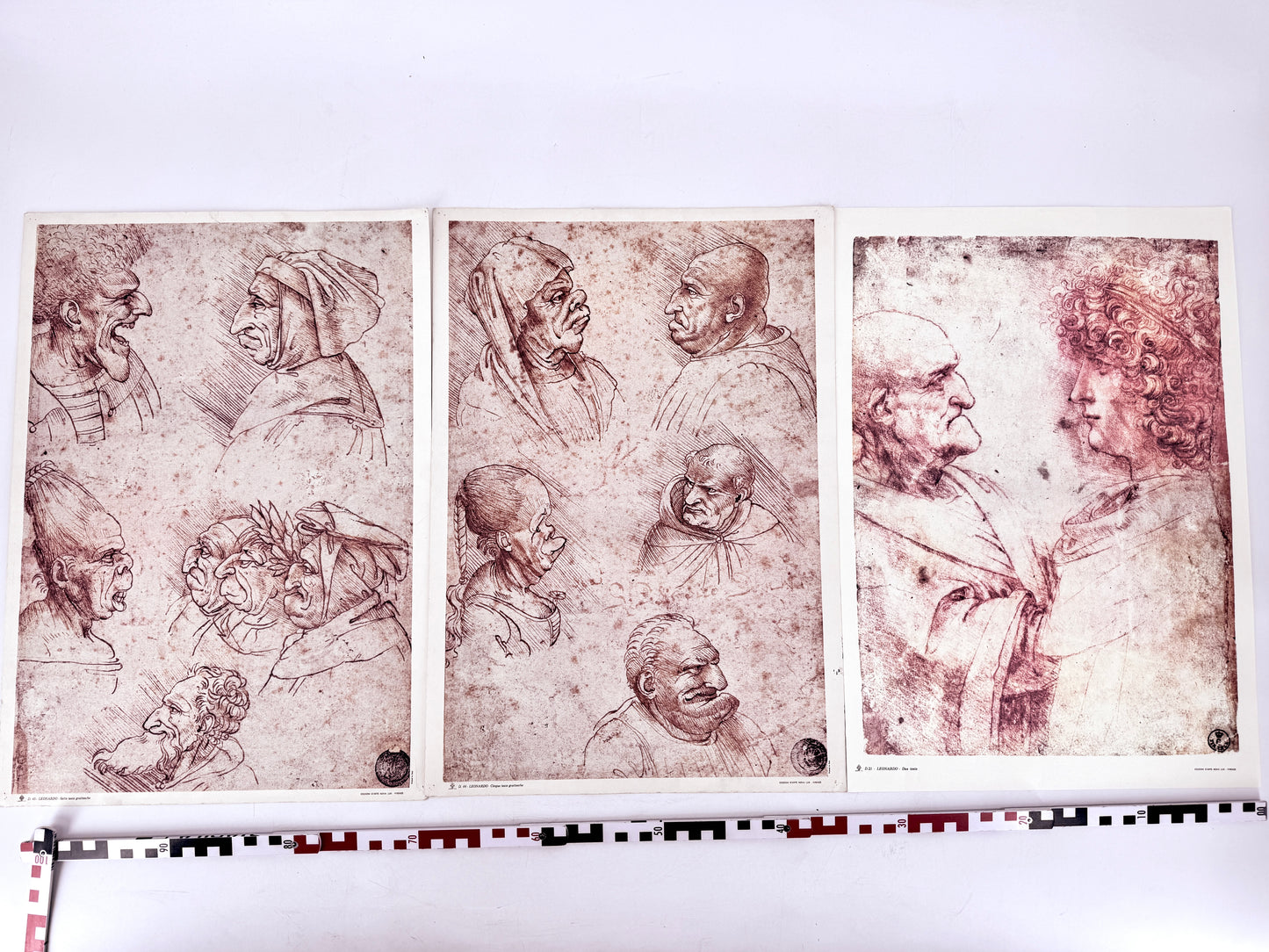 3x Grafik Leonardo Da Vinci, Teste Grotesche, Duo Teste. Editiono D'Arte Nova Lux