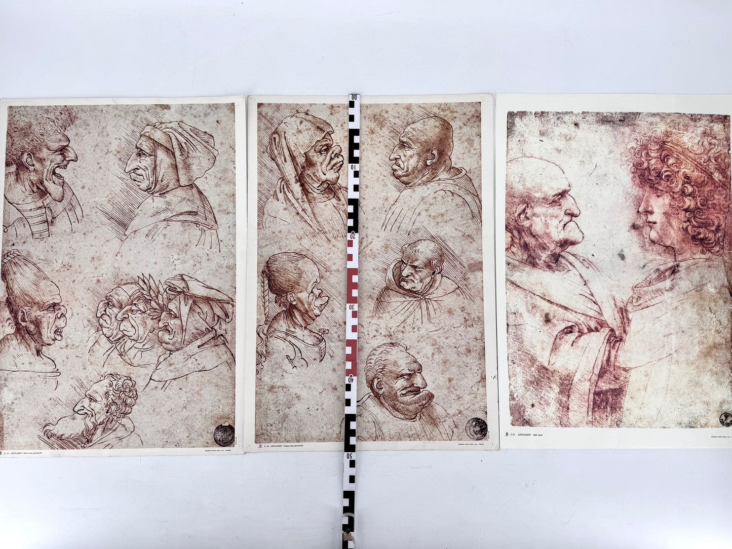 3x Grafik Leonardo Da Vinci, Teste Grotesche, Duo Teste. Editiono D'Arte Nova Lux